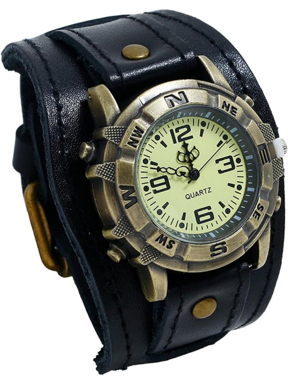 Men's Black Vintage Leather Retro Punk Band Cuff Steampunk Analog Wrist Watch
